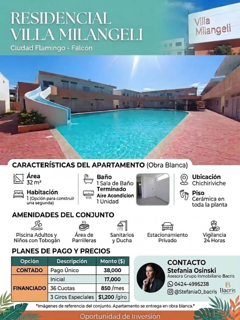 Apartamento en Venta en Conjunto Vacacional Villa Milangeli, 2da etapa Ciudad Flamingo Chichiriviche — 1 hab 32m² — USD 38,000