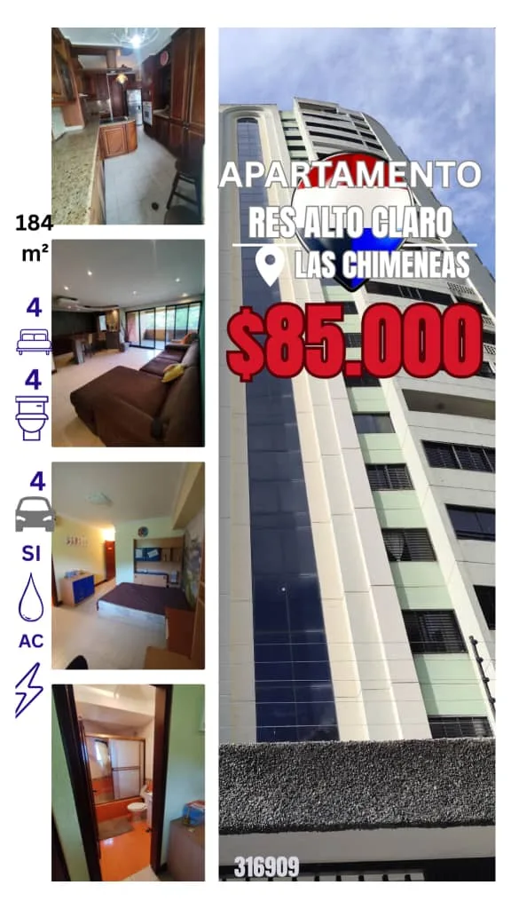 Apartamento en Venta en Las Chimeneas, Res Alto Claro — 4 hab 184m² — USD 85,000