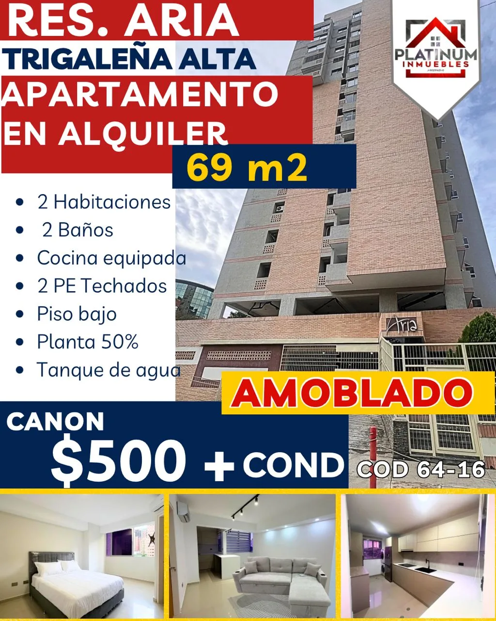 Apartamento en Alquiler en Res Aria - La Trigaleña — 2 hab 69m² — USD 500