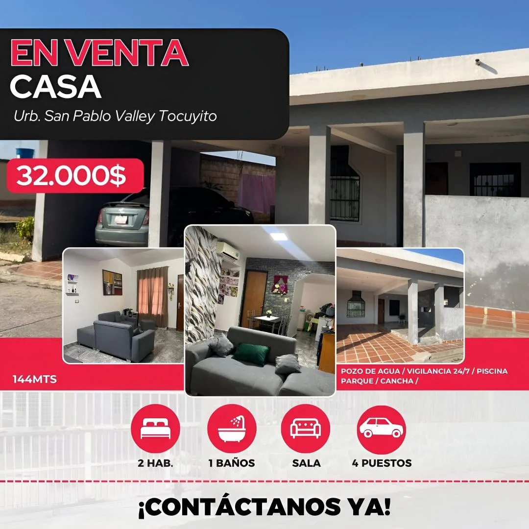 Casa en Venta en Urbanización San Pablo Valley, Tocuyito — 2 hab 144m² — USD 32,000