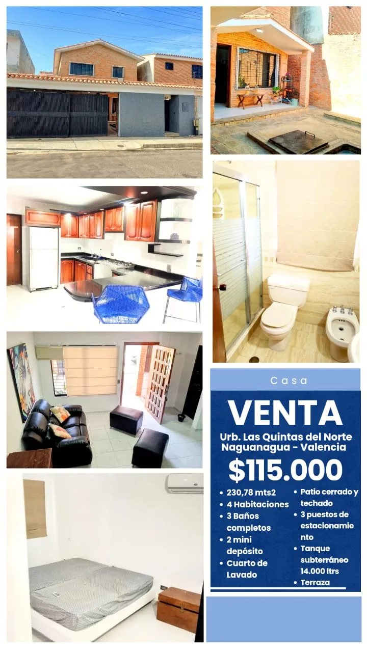 Casa en Venta en Urbanización Las Quintas del Norte - Naguanagua — 3 hab 230m² — USD 115,000