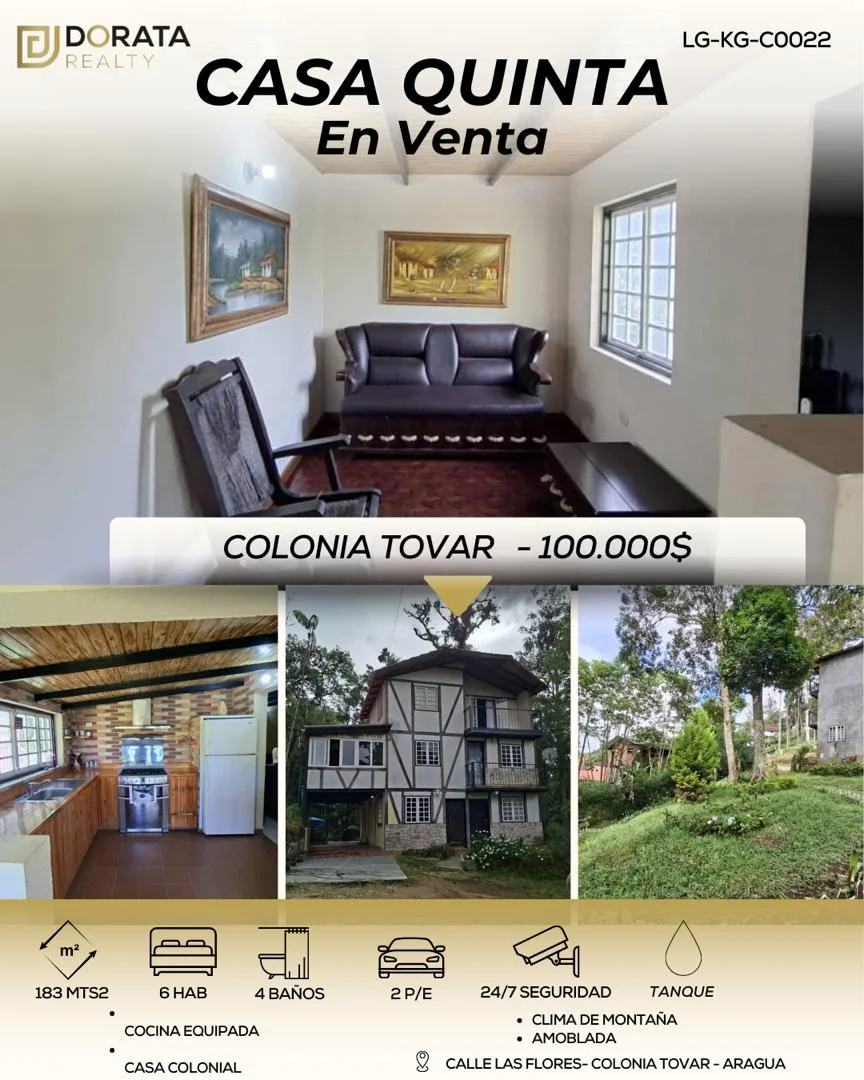 Casa en Venta en Colonia Tovar, Aragua — 6 hab 183m² — USD 100,000