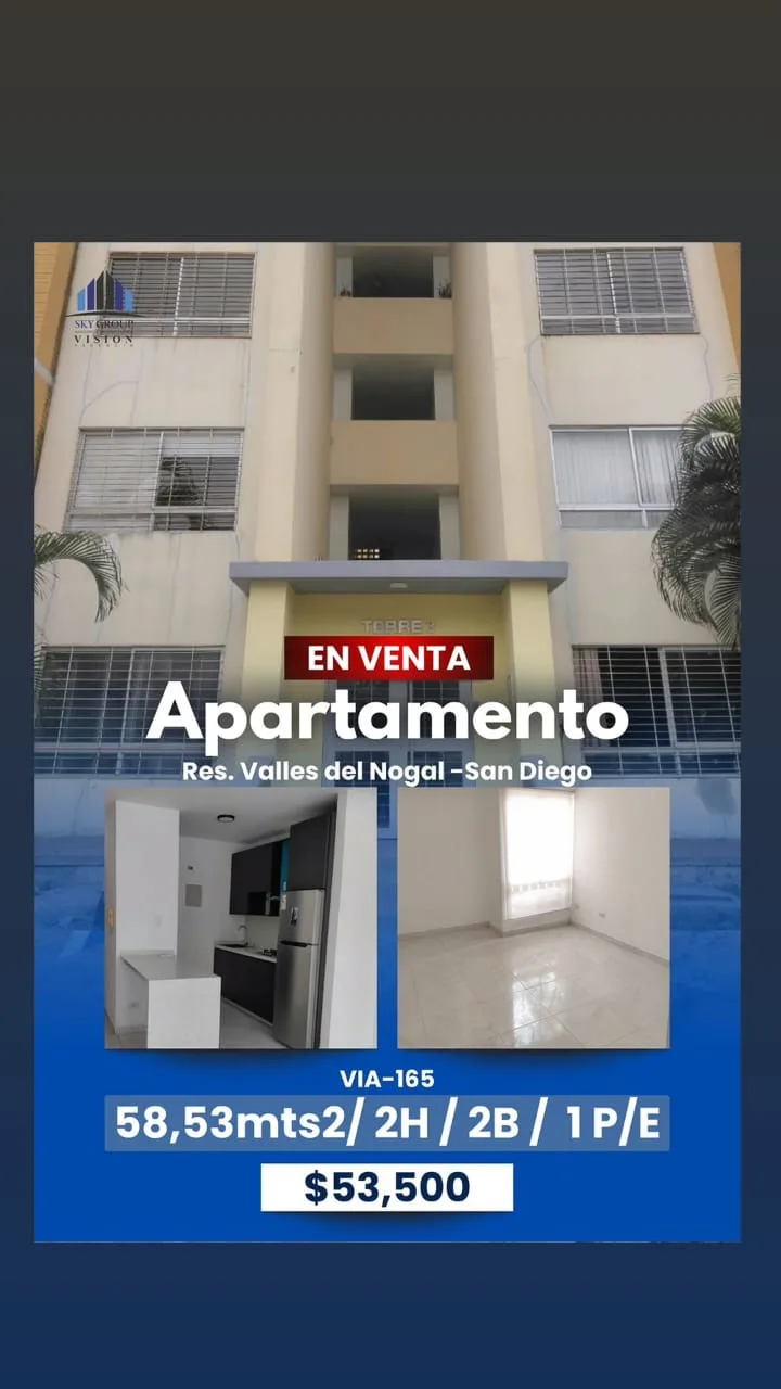 Apartamento en Venta en Valles de Nogal - San Diego — 2 hab 58m² — USD 53,500