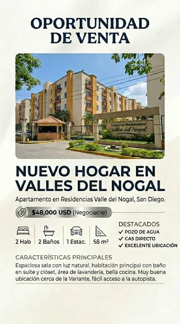 Apartamento en Venta en Valles del Nogal, San Diego — 2 hab 58m² — USD 48,000