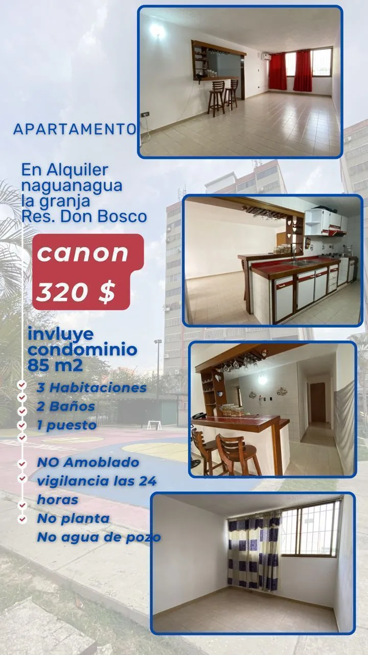 Apartamento en Alquiler en La zona de la Granja, Res. Don Bosco — 3 hab — USD 320