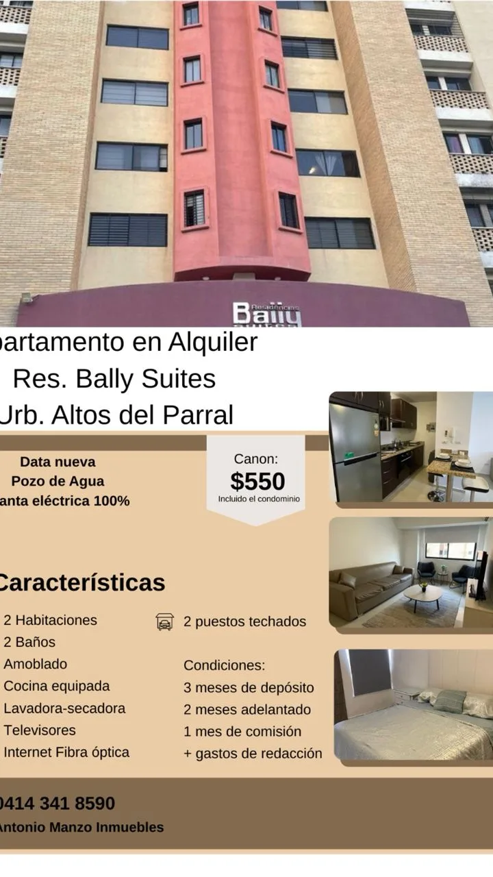 Apartamento en Alquiler en Urb El Parral, Res. BALLY SUITE — 2 hab — USD 550