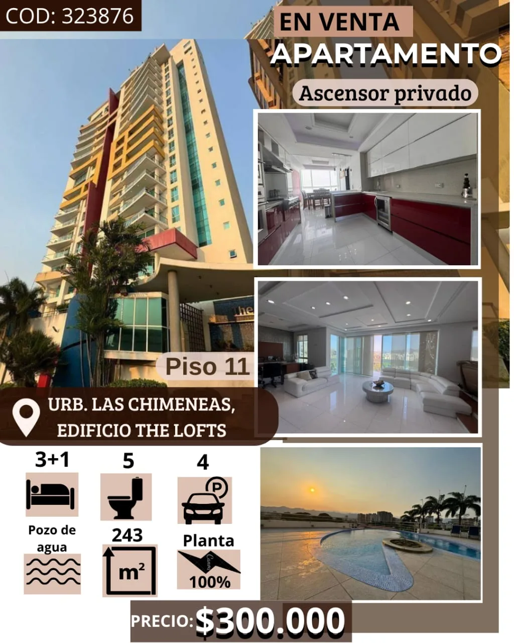 Apartamento en Venta en URB. LAS CHIMENEAS, EDIFICIO THE LOFTS — 4 hab 243m² — USD 300,000