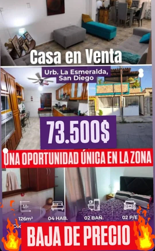 Casa en Venta en La Esmeralda, Municipio San Diego, Carabobo — 5 hab 126m² — USD 73,500