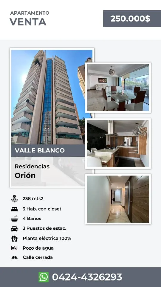 Apartamento en Venta en Valle Blanco, Residencias Orión — 4 hab 238m² — USD 250,000