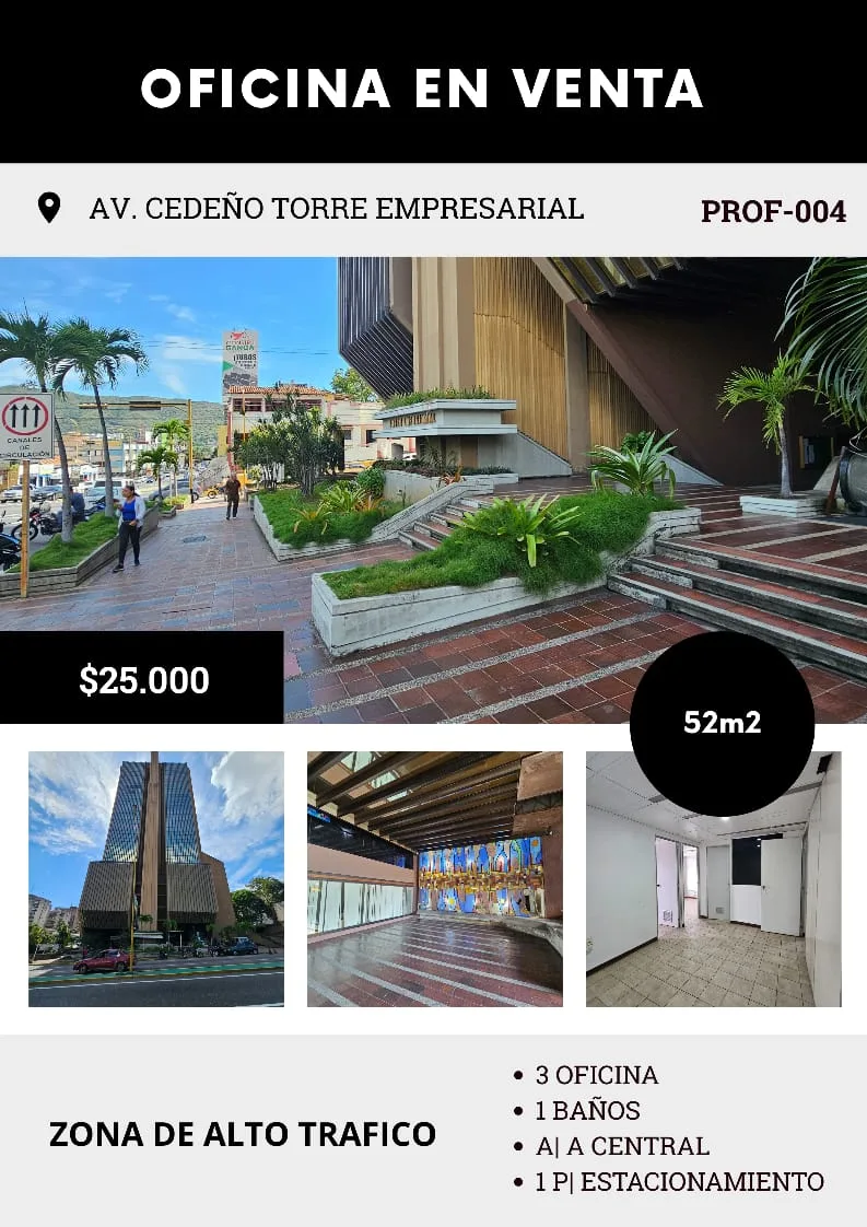 Oficina en Venta en Av. Cedeño Torre Empresarial — 3 hab 52m² — USD 25,000