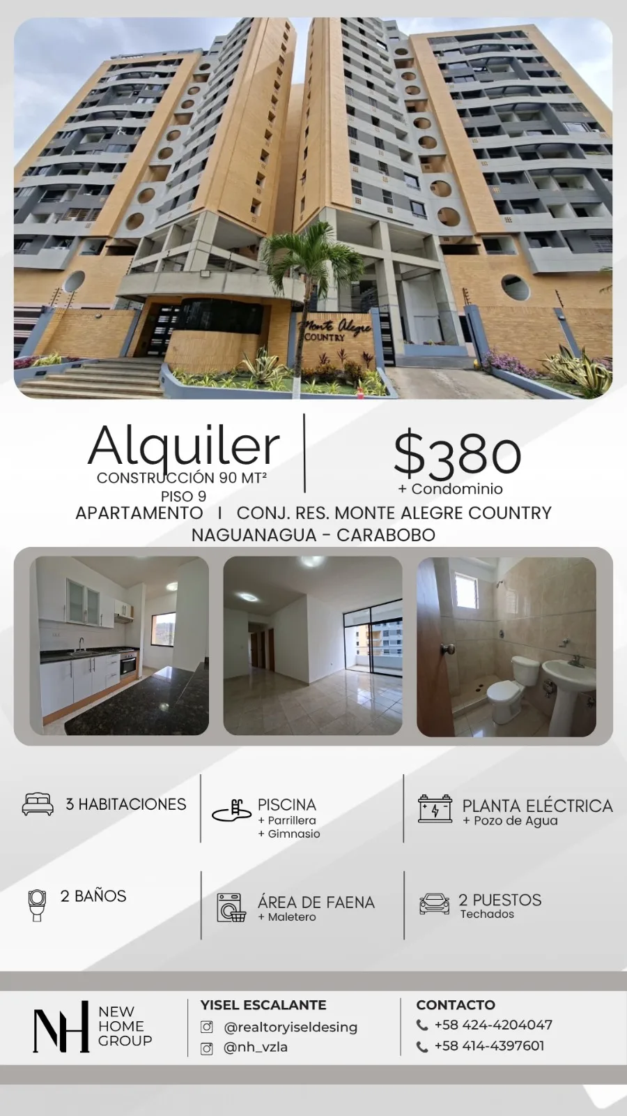Apartamento en Alquiler en Res. Monte Alegre Country, Sector Tazajal, Naguanagua Edo. Carabobo — 3 hab 90m² — USD 380