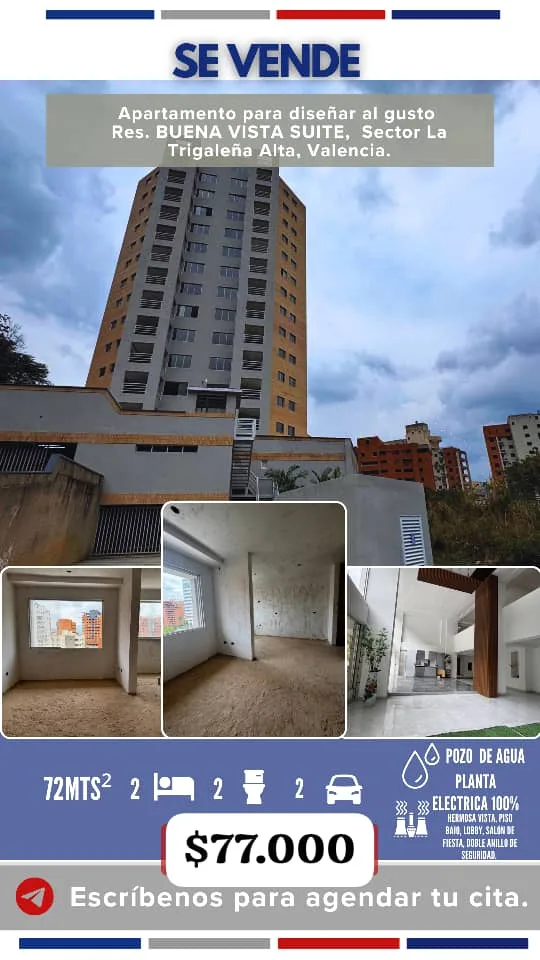 Apartamento en Venta en Res. Buena Vista Suite, Sector La Trigaleña Alta, Valencia — 2 hab 72m² — USD 77,000