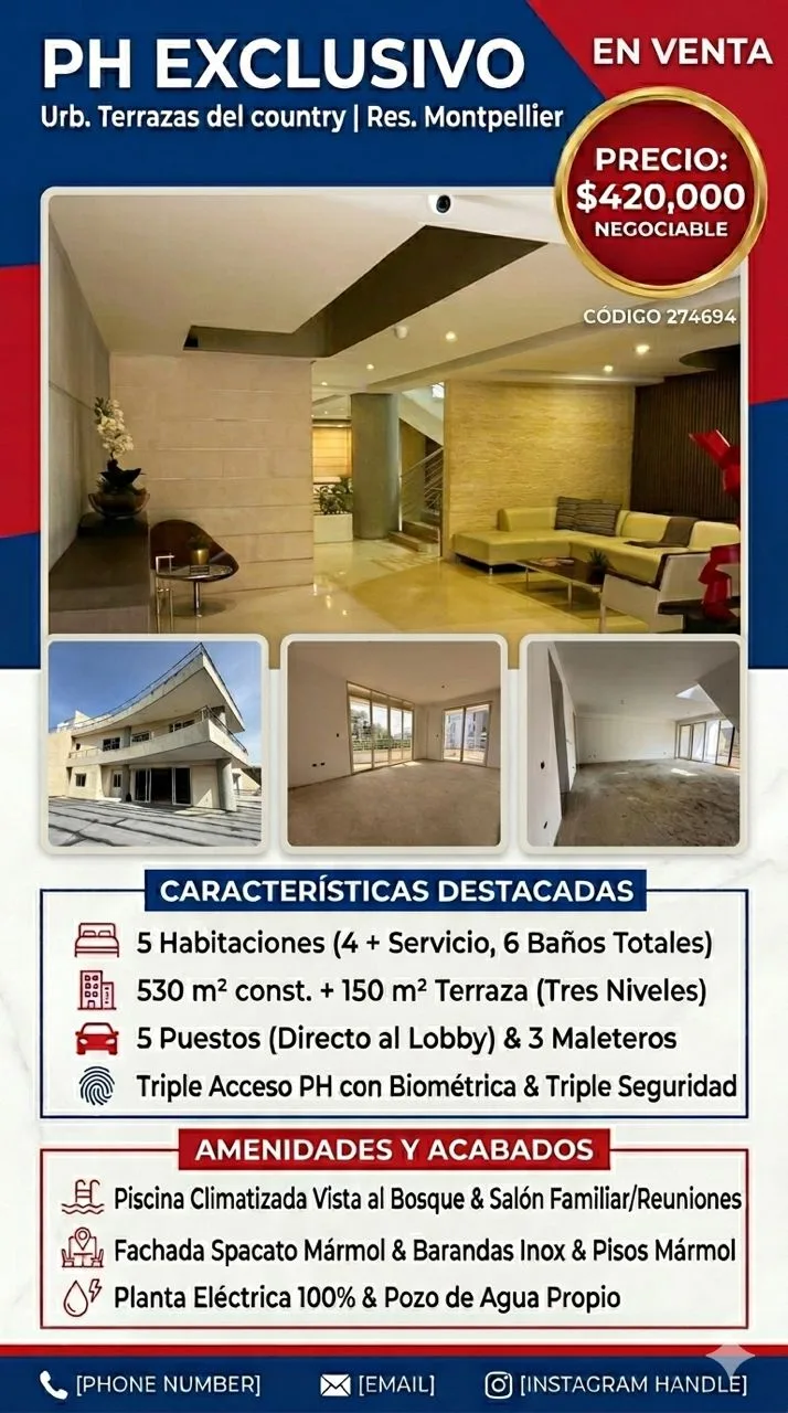 Apartamento en Venta en Urb. Terrazas del country, Res. Montpellier — 5 hab 680m² — USD 420,000