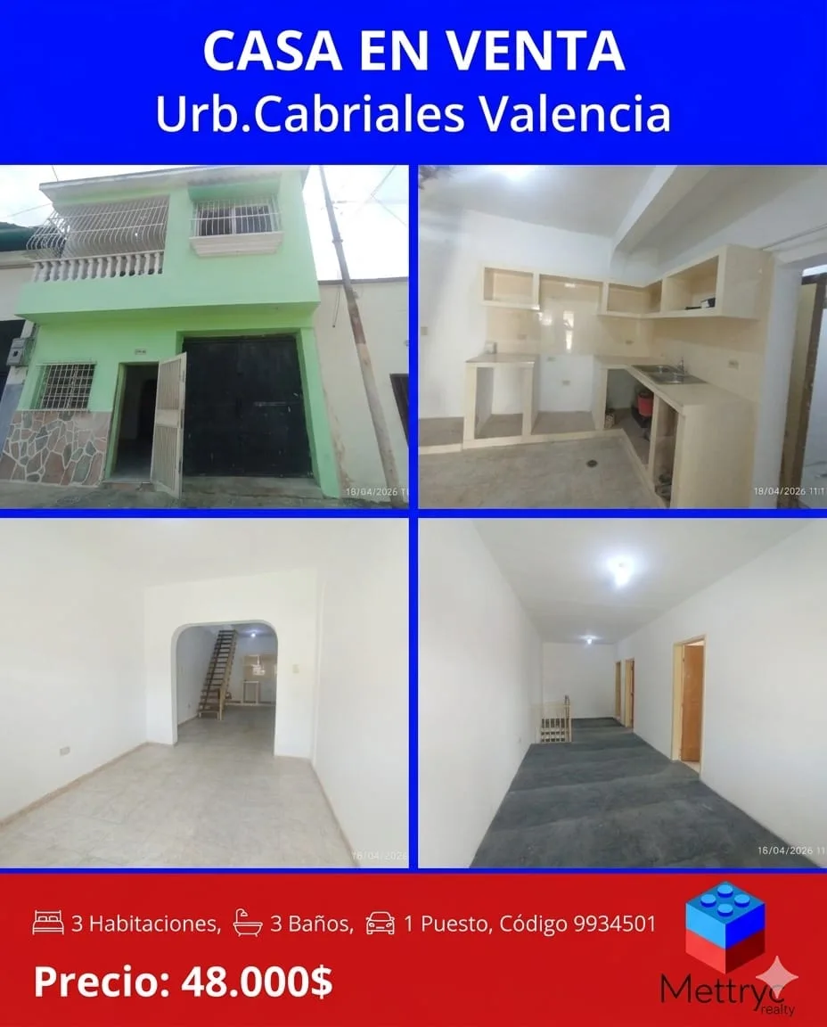 Casa en Venta en Urb. Cabriales Valencia — 3 hab 114m² — USD 48,000