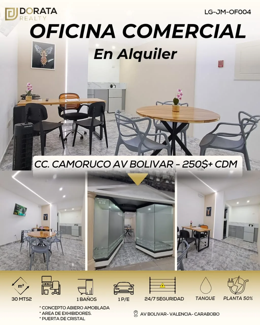 Oficina en Alquiler en CC Camóruco Av Bolivar 30m² — USD 250