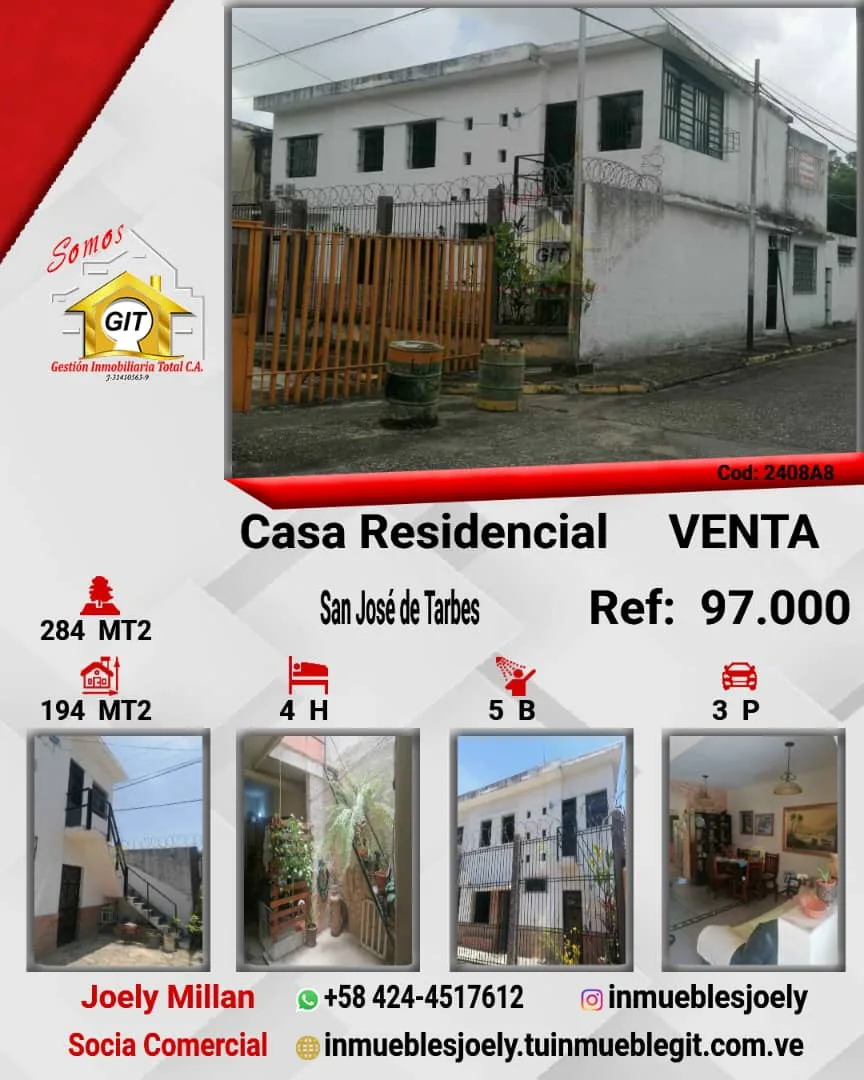 Casa en Venta en San José de Tarbes, sector el Tijerazo — 4 hab — USD 97,000