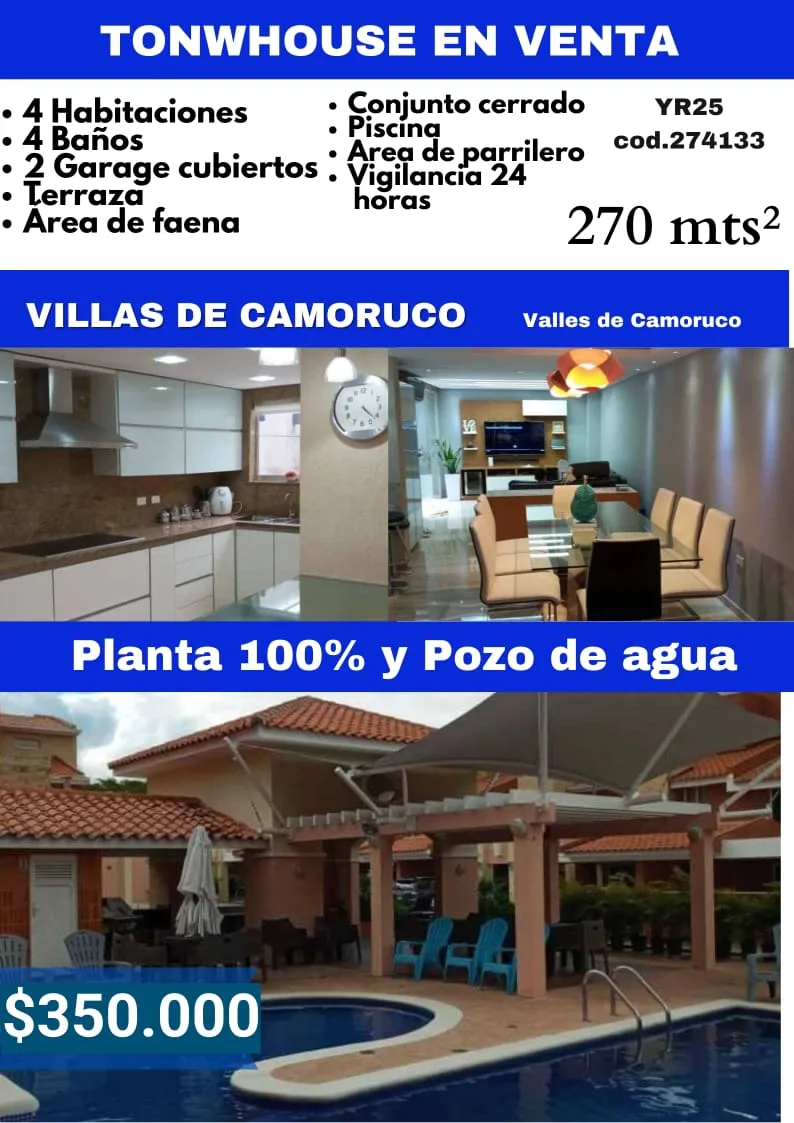 Townhouse en Venta en Villas de Camoruco — 4 hab 270m² — USD 350,000