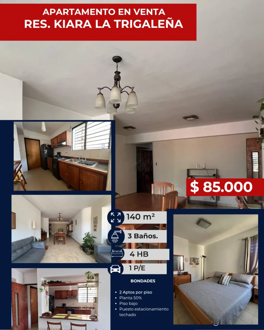Apartamento en Venta en Trigaleña baja, Res. Kiara — 4 hab 140m² — USD 85,000