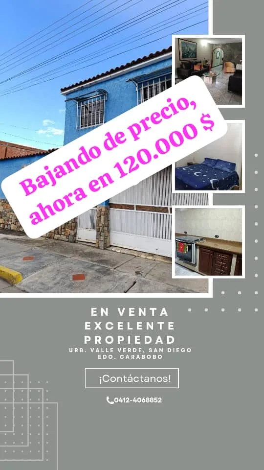 Casa en Venta en Urb Valle verde, San Diego Edo. Carabobo — 9 hab 380m² — USD 120,000