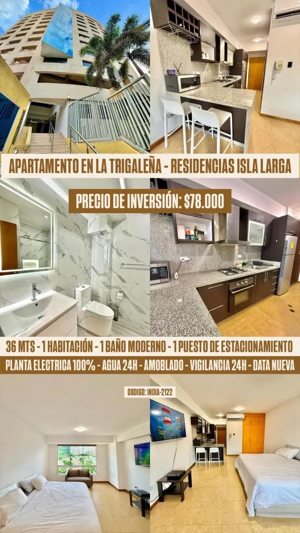 Apartamento en Venta en La Trigaleña “Residencias Isla Larga” Valencia, Estado Carabobo — 1 hab 36m² — USD 78,000