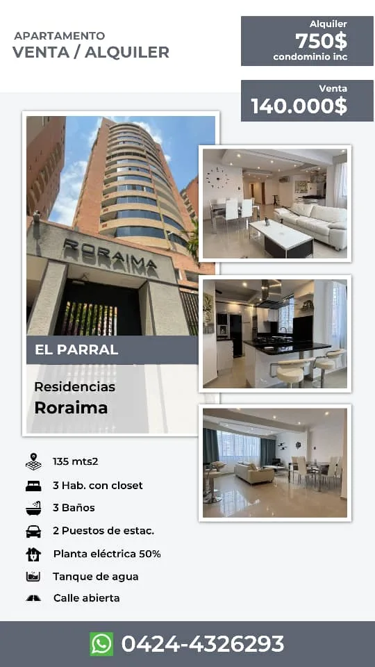 Apartamento en Alquiler en El Parral, Residencias Roraima — 3 hab 135m² — USD 750