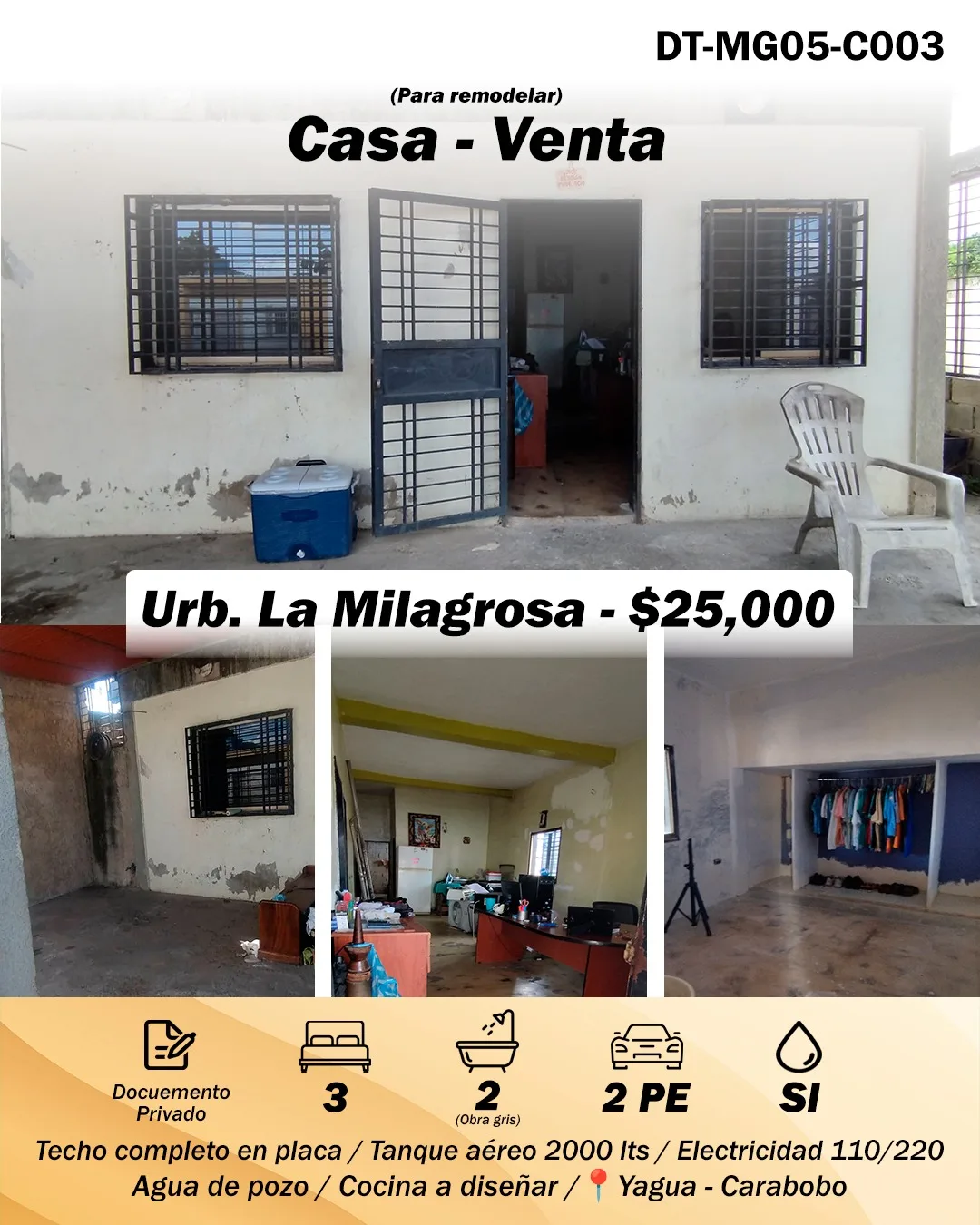 Casa en Venta en Urb. La Milagrosa Yagua Guacara — 3 hab 128m² — USD 25,000