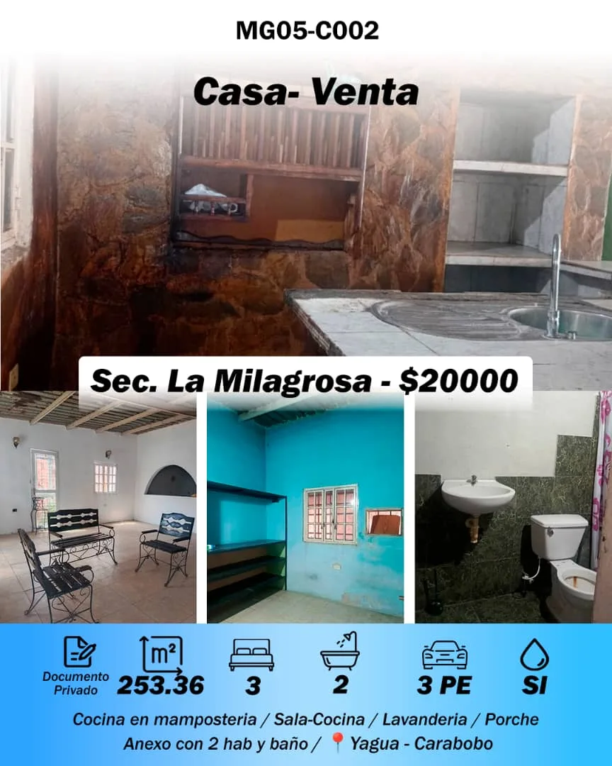 Casa en Venta en Urb. La Milagrosa Yagua Guacara — 5 hab 253m² — USD 20,000