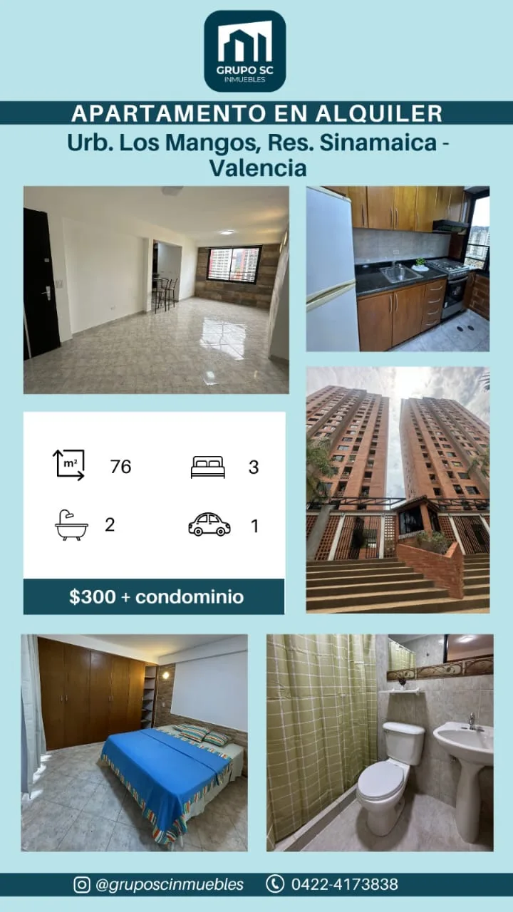 Apartamento en Alquiler en Res. Sinamaica, Urb Los Mangos - Valencia — 3 hab 76m² — USD 300