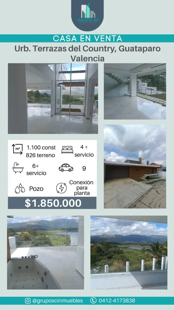 Casa en Venta en Urb. Terrazas del Country, Guataparo, Valencia — 4 hab 1100m² — USD 1,850,000
