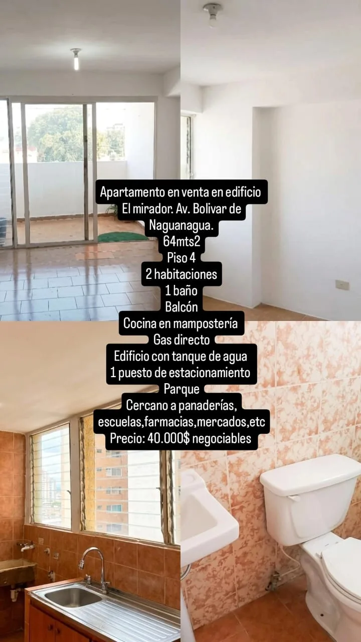 Apartamento en Venta en Edificio El Mirador, Av. Bolivar de Naguanagua — 2 hab 64m² — USD 40,000