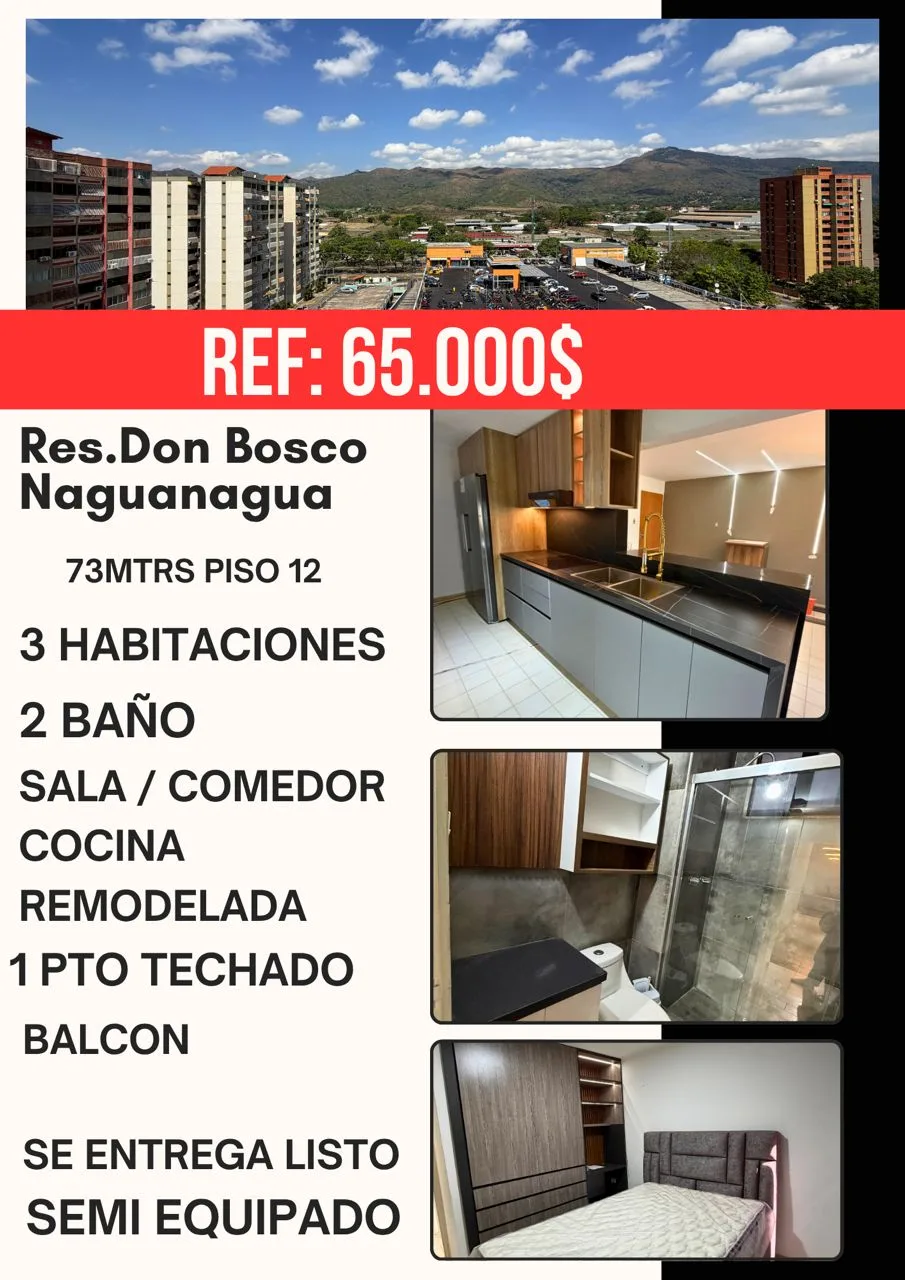 Apartamento en Venta en Res Don Bosco naguanagua la granja — 3 hab 73m² — USD 65,000