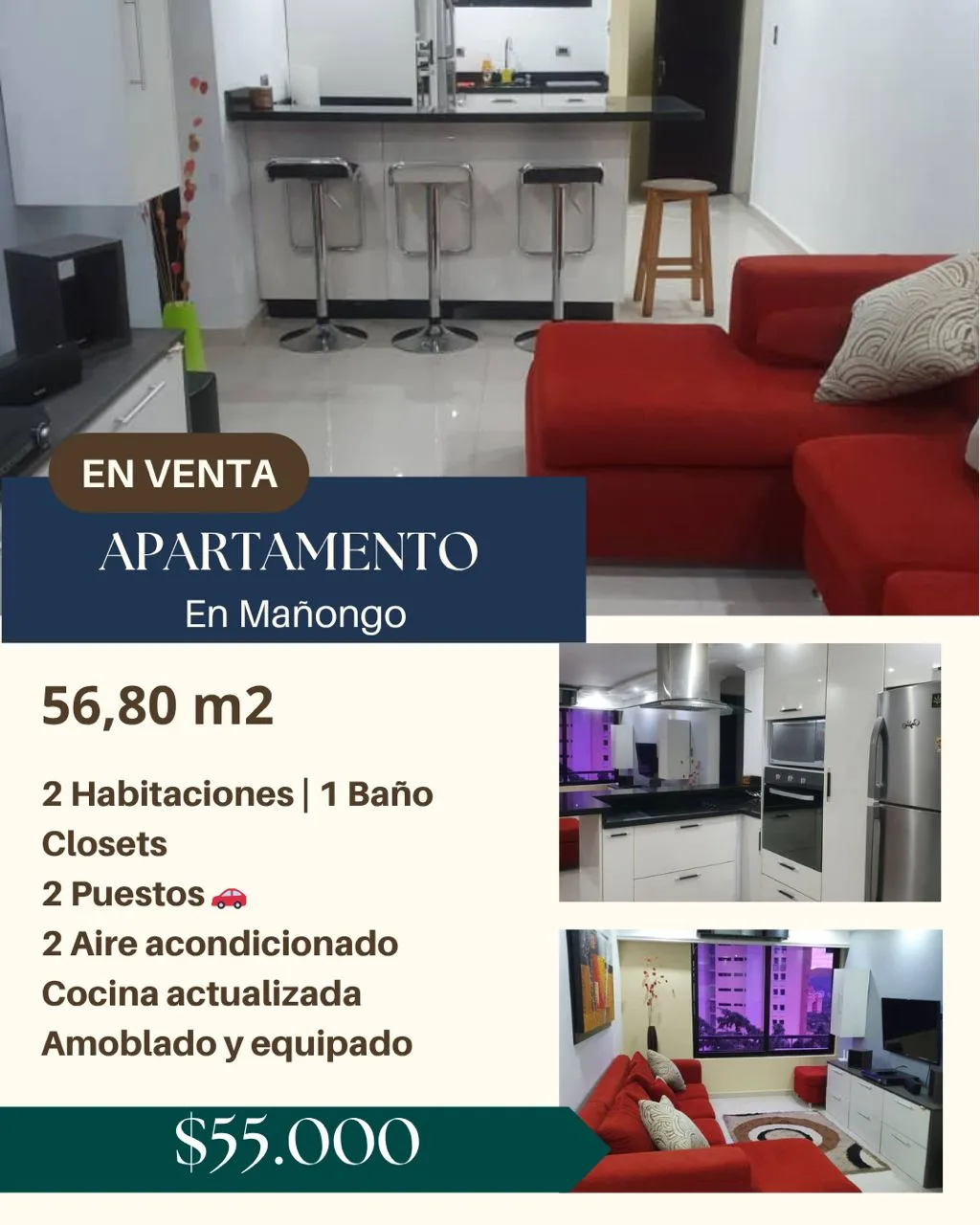 Apartamento en Venta en Mañongo — 2 hab 56m² — USD 55,000