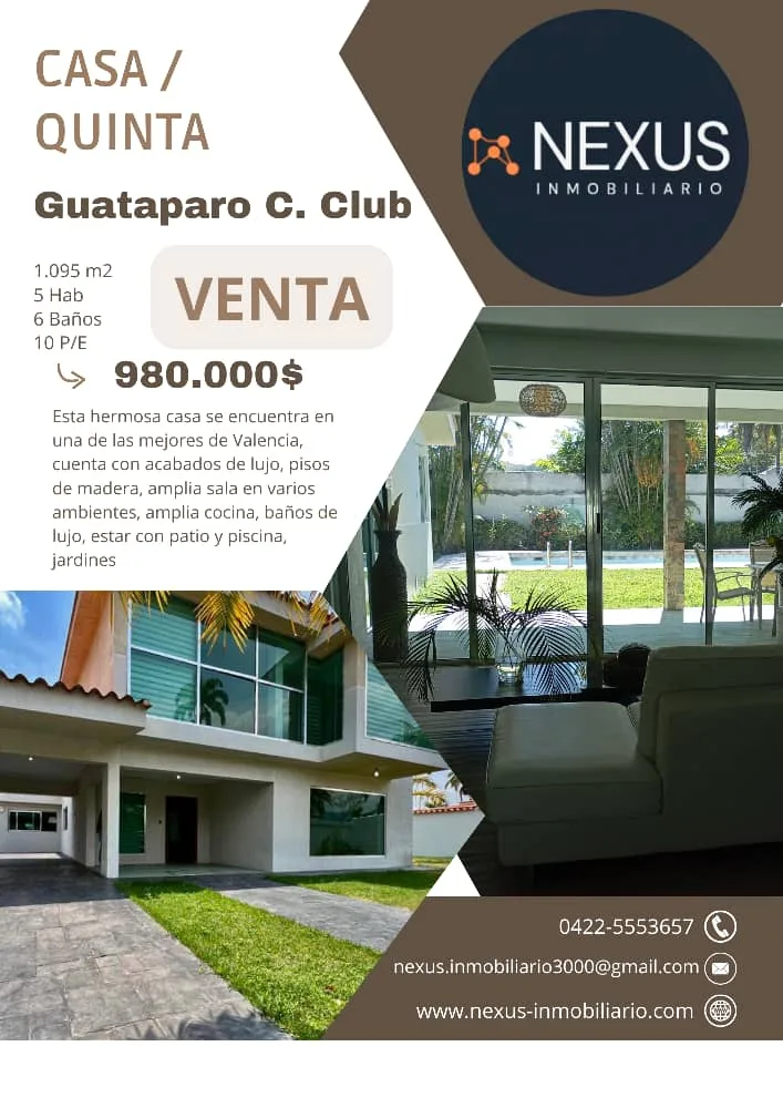 Casa en Venta en Guataparo C. Club — 5 hab 1095m² — USD 980,000