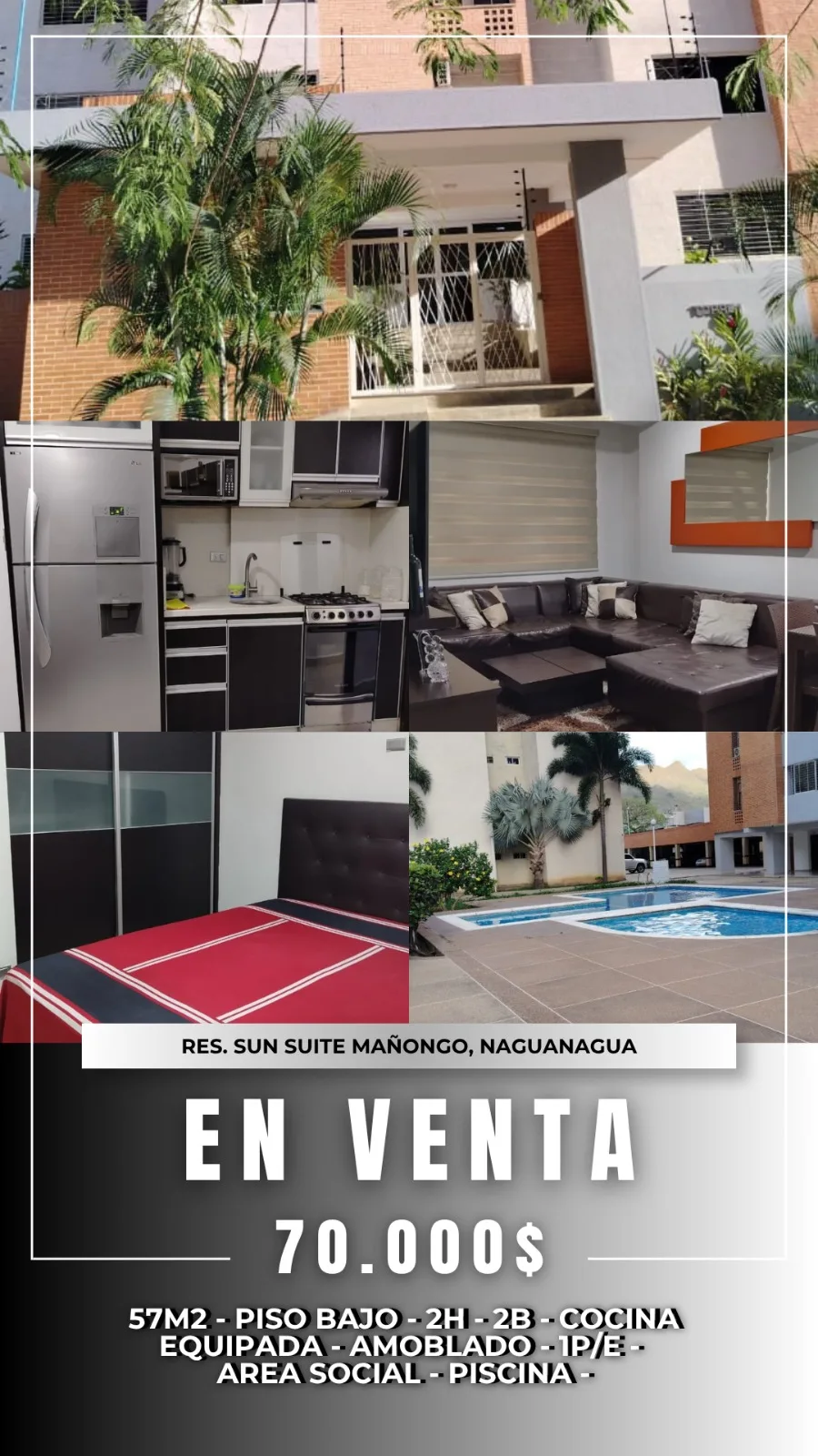 Apartamento en Venta en Sun Suite Mañongo — 2 hab 57m² — USD 70,000