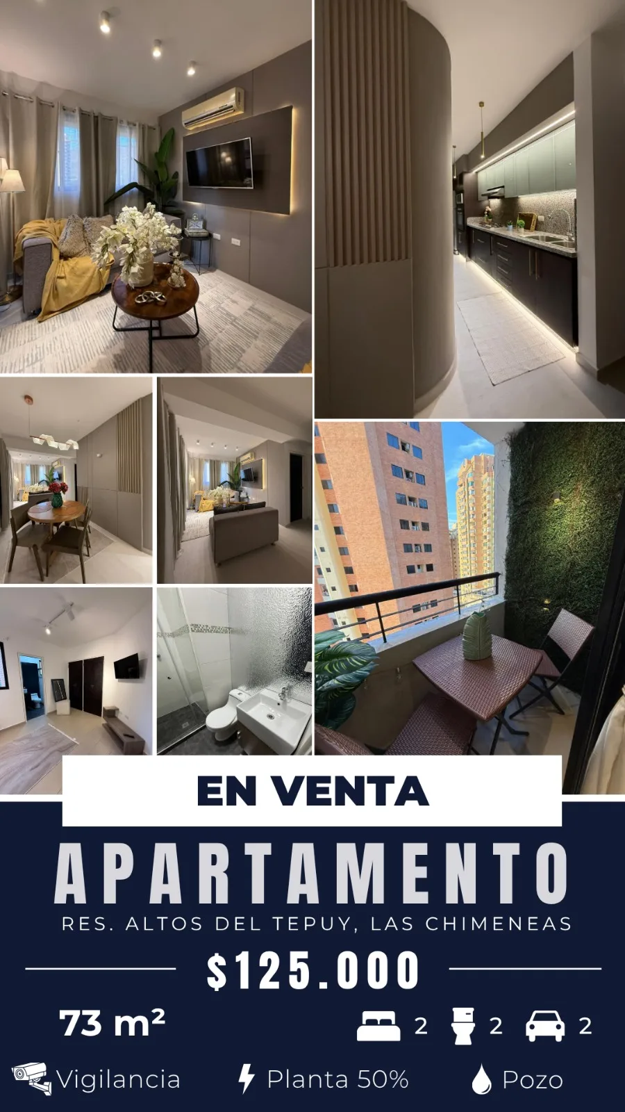 Apartamento en Venta en Las Chimeneas, Res. Altos del Tepuy — 2 hab 73m² — USD 125,000