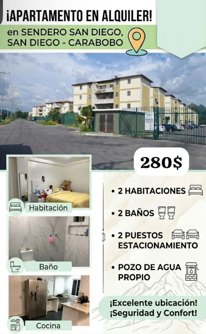 Apartamento en Alquiler en Senderos de San Diego — 2 hab 65m² — USD 280