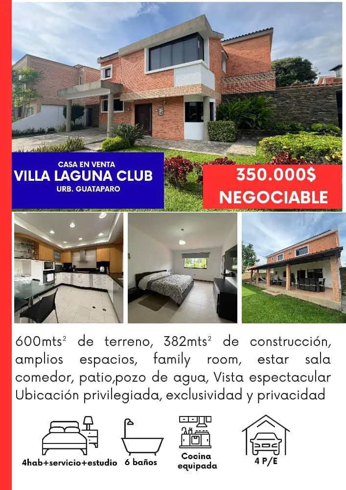 Casa en Venta en Villa Laguna Club Guataparo — 5 hab 382m² — USD 350,000