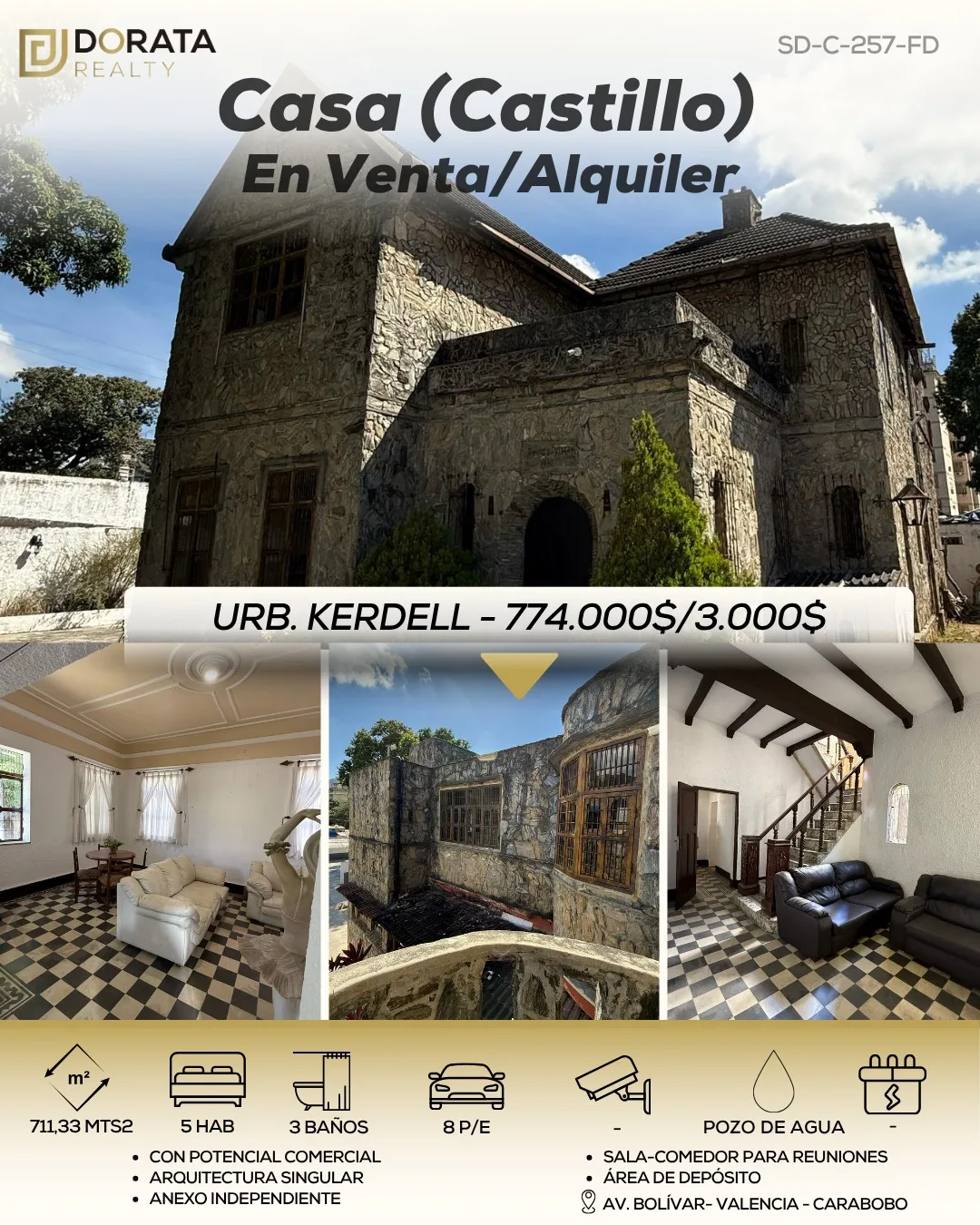 Casa en Venta en urb.Kerdell, Av.Bolívar de Valencia — 6 hab 711m² — USD 774,000