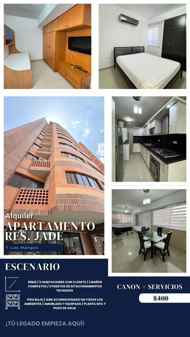 Apartamento en Alquiler en Resd Jade, Los Mangos, cerca del Sagrado Corazón — 3 hab 89m² — USD 400