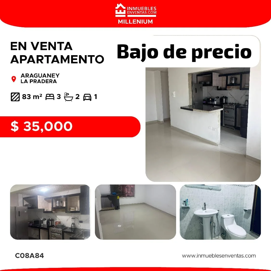 Apartamento en Venta en Araguaney La Pradera, Ciudad Parque La Pradera, Vía San Joaquín — 3 hab 83m² — USD 30,000