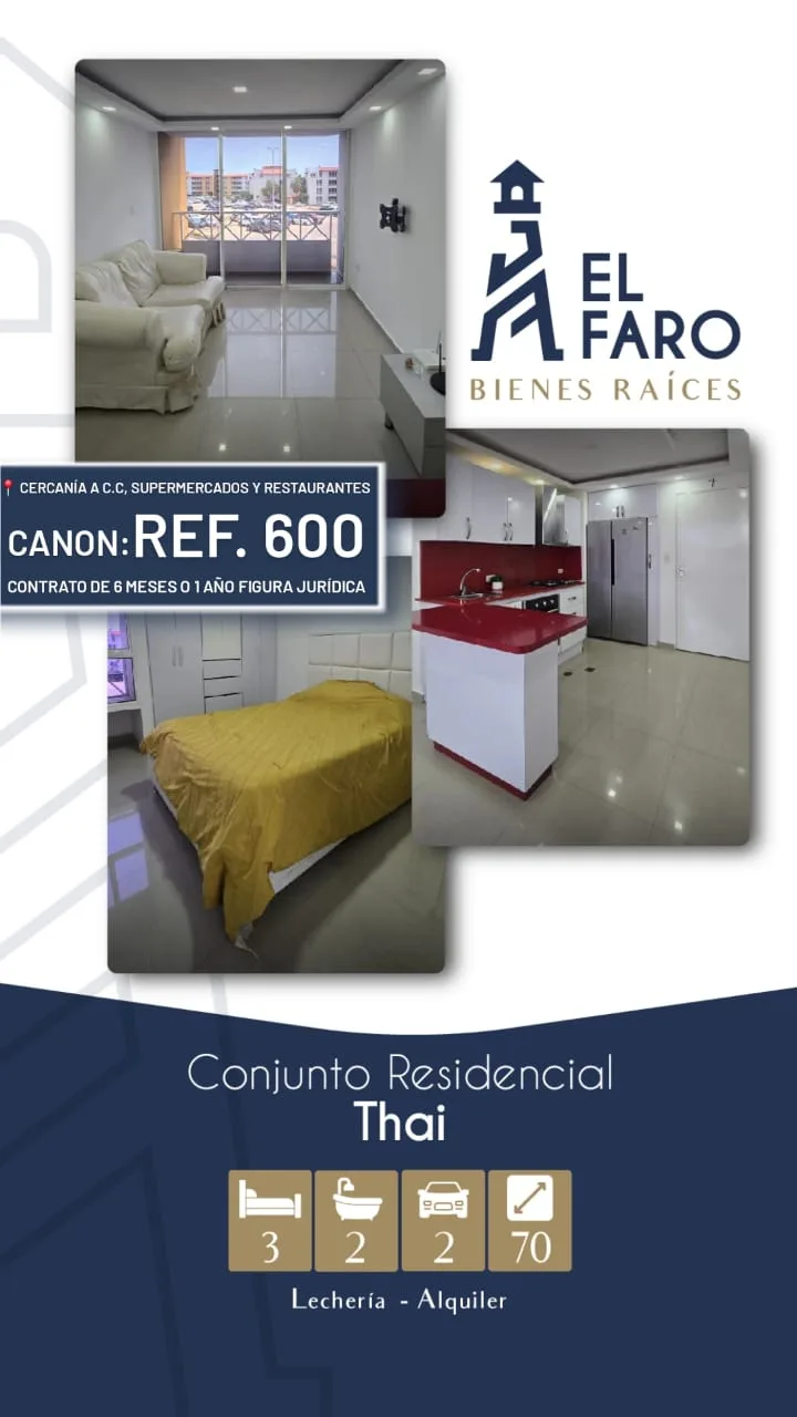 Apartamento en Alquiler en Conjunto Residencial THAI — 3 hab 70m² — USD 600
