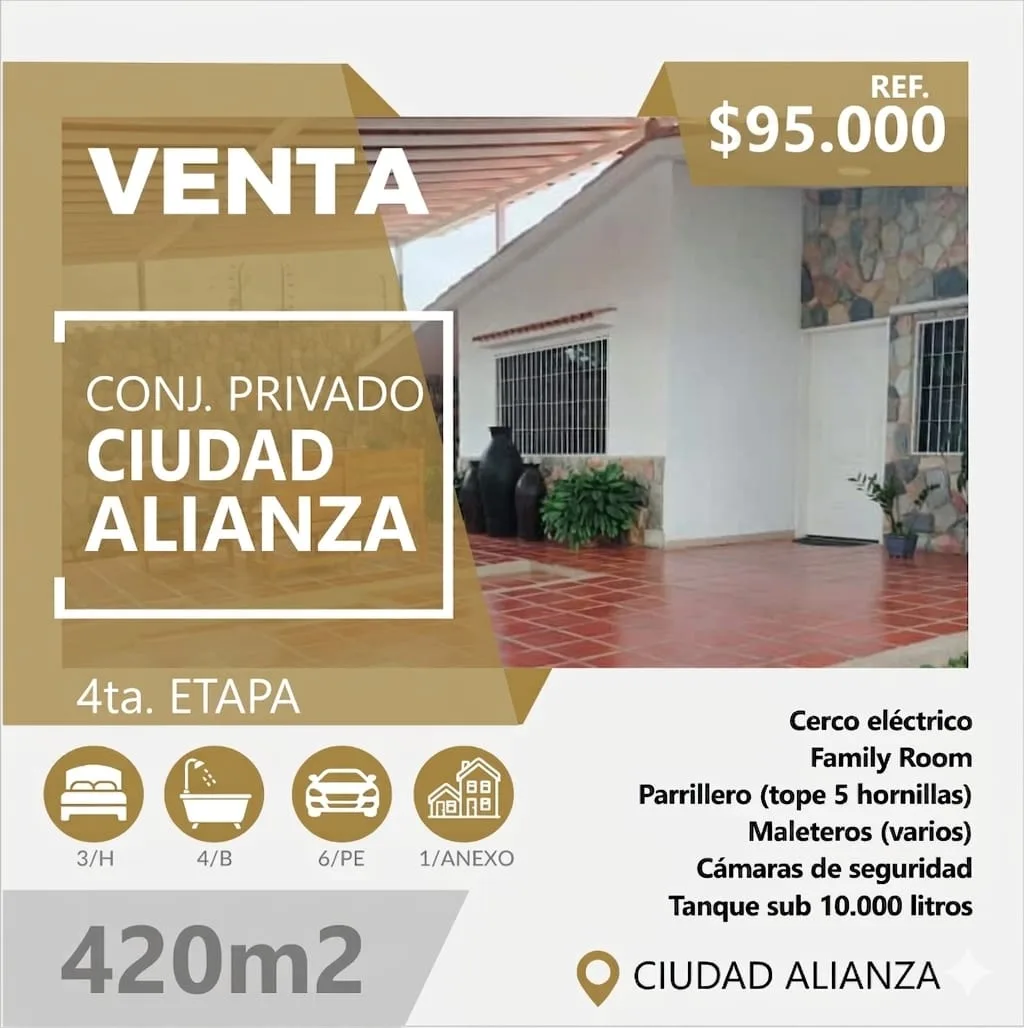 Casa en Venta en Ciudad Alianza — 4 hab 420m² — USD 95,000