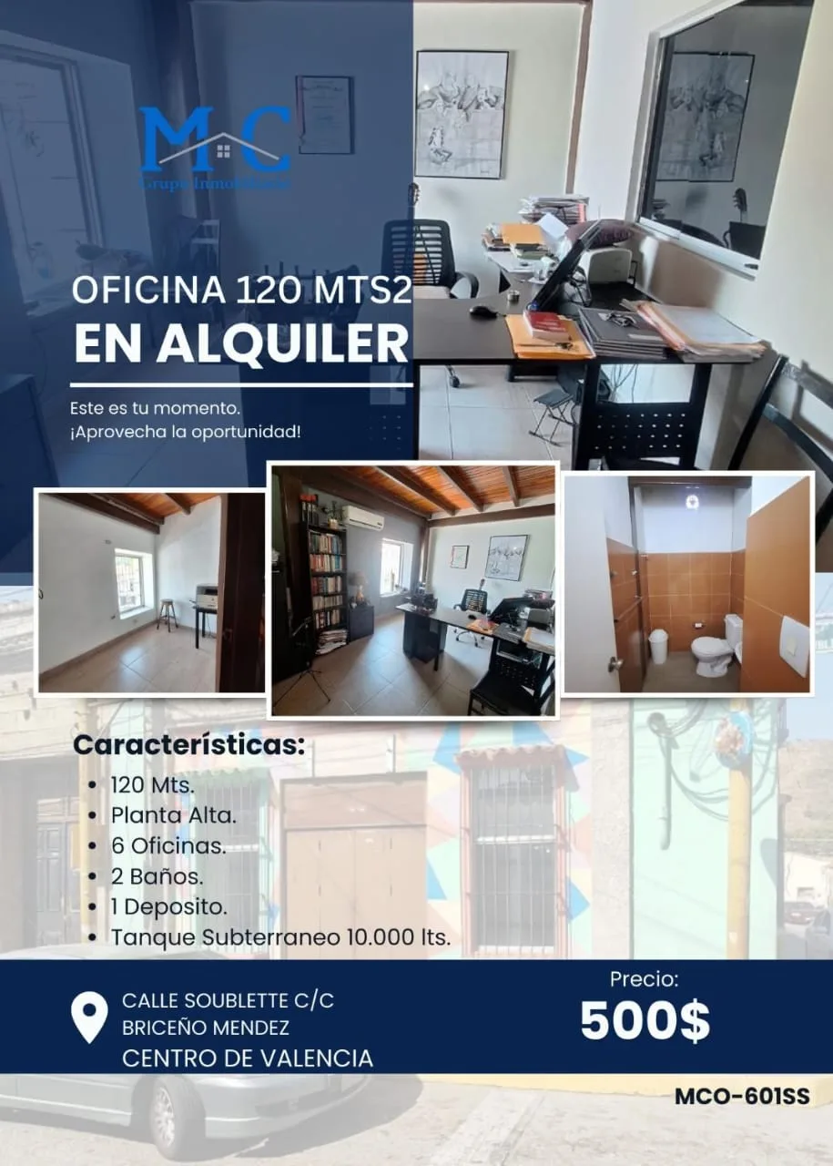 Oficina en Alquiler en Centro de Valencia (calle Soublette c/c Briceño Mendez) — 6 hab 120m² — USD 500
