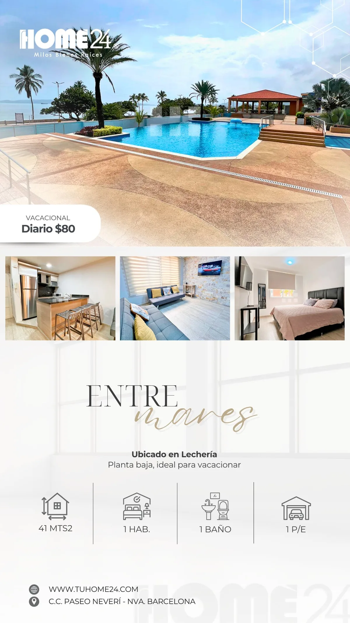 Apartamento en Alquiler en Conjunto Residencial Entremares, Lechería — 1 hab 41m² — USD 80