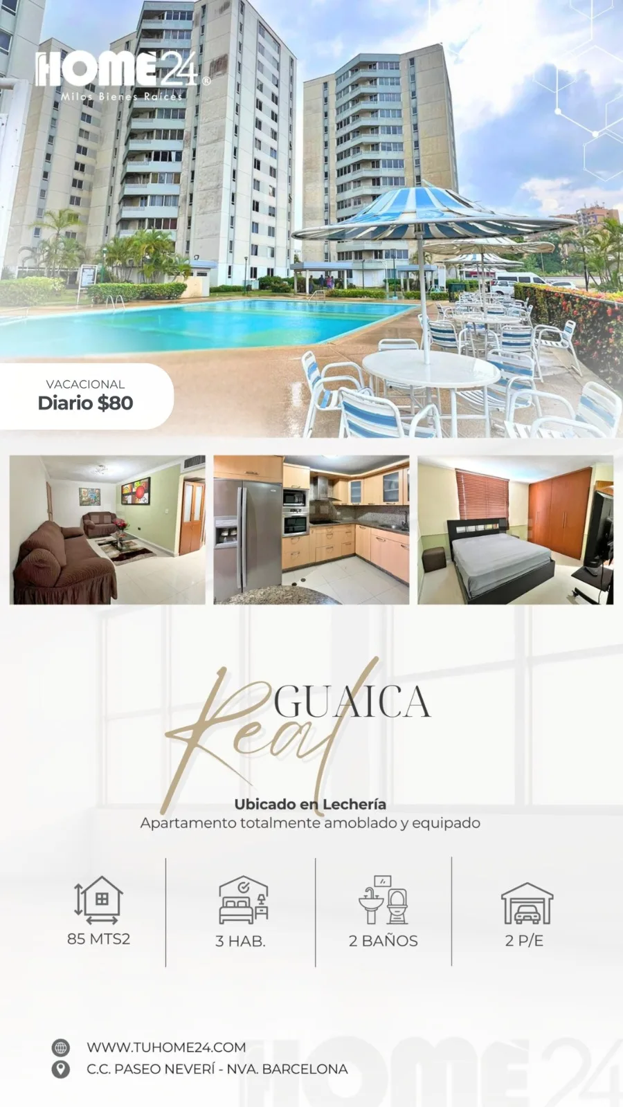 Apartamento en Alquiler en Conjunto Residencial Guaica Real, Lechería — 3 hab 85m² — USD 80
