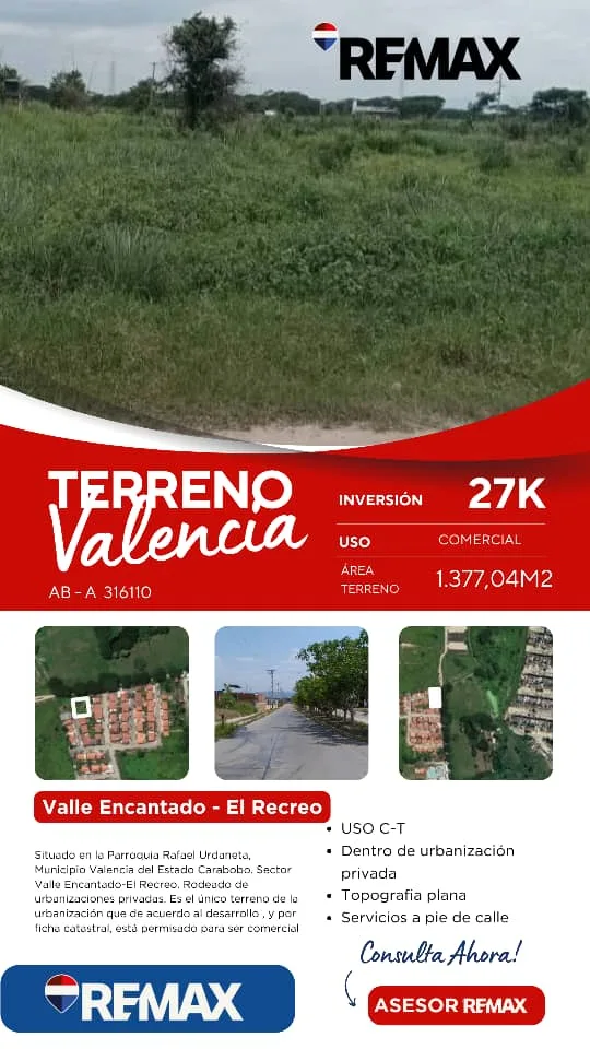 Terreno en Venta en El Recreo, Valle Encantado, Sector Calicanto-El Recreo, Parroquia Rafael Urdaneta, Municipio Valencia del Estado Carabobo 1377m² — USD 27,000