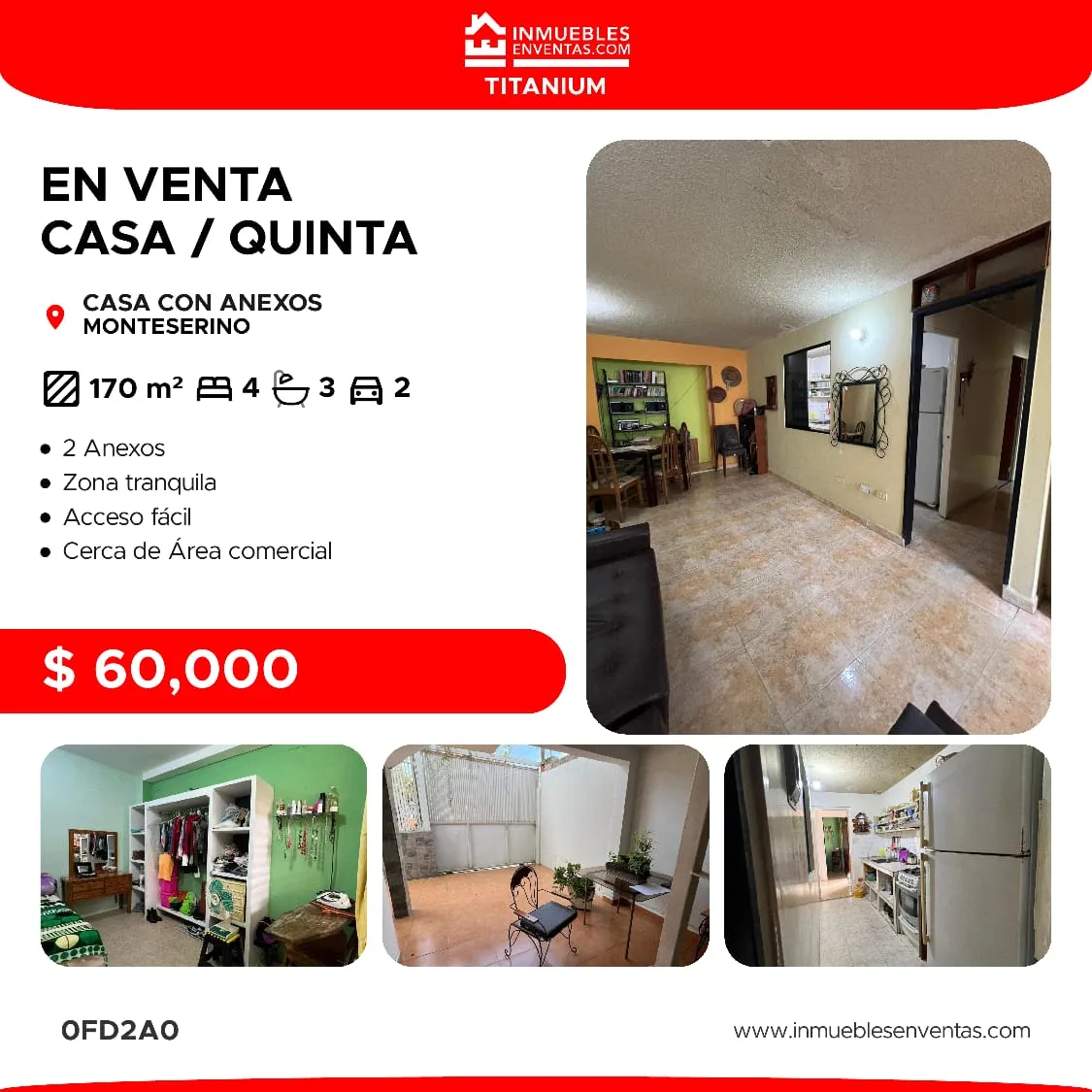 Casa en Venta en Urb. Monteserino — 4 hab 170m² — USD 60,000