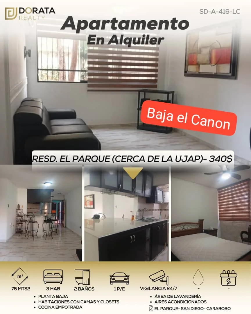 Apartamento en Alquiler en RES. EL PARQUE SAN DIEGO — 3 hab 74m² — USD 340