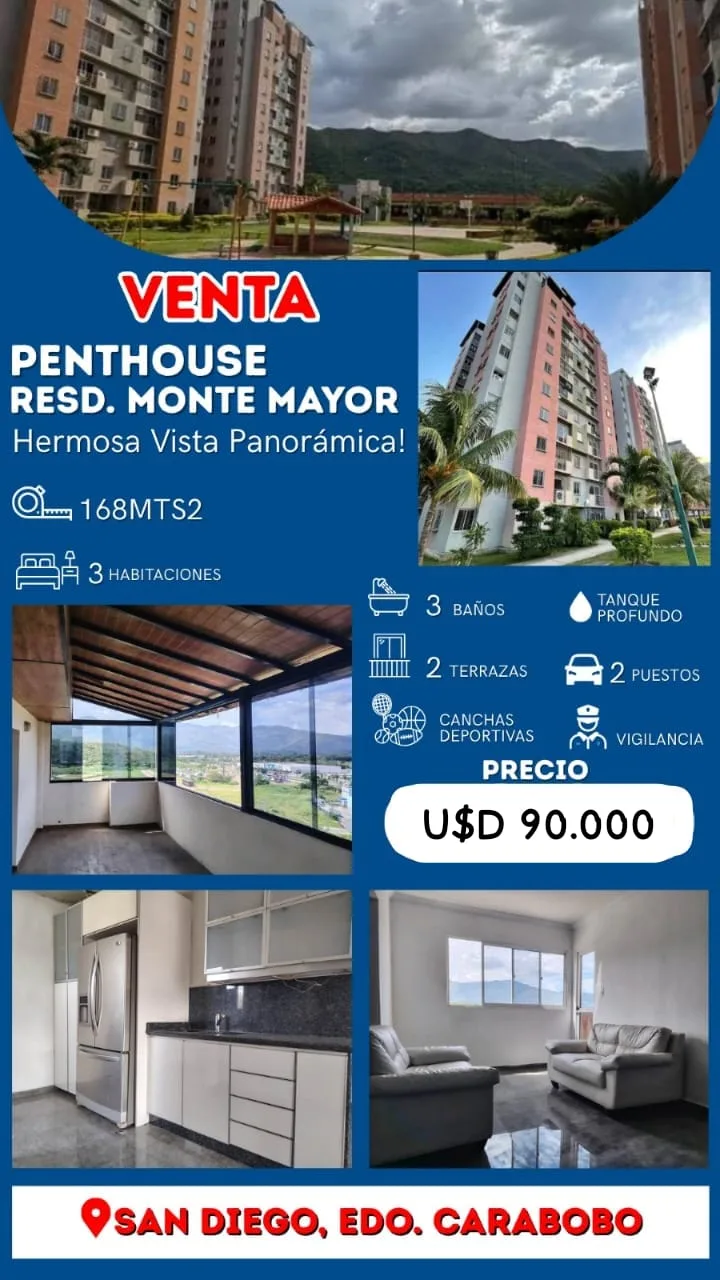 Penthouse en Venta en Residencias Monte Mayor, San Diego – Carabobo — 3 hab 168m² — USD 90,000
