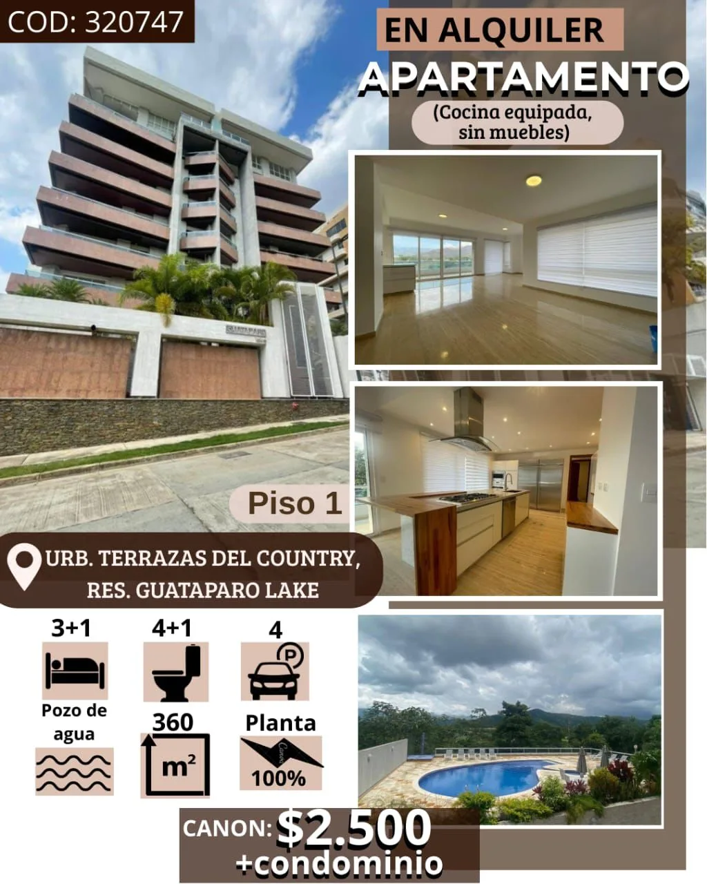 Apartamento en Alquiler en Res. Guataparo Lake, Urb. Terrazas del Country — 4 hab 360m² — USD 2,500